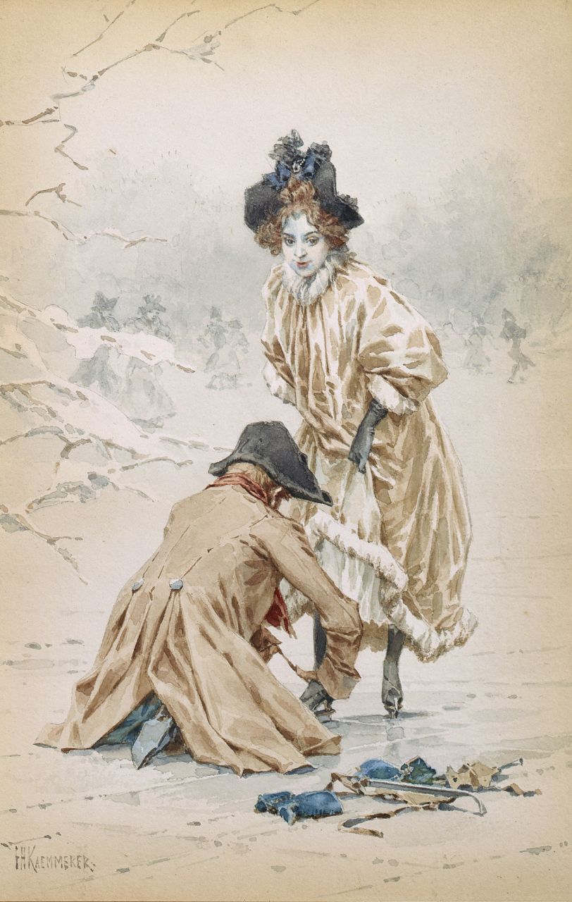 Kaemmerer F.H.  | Frederik Hendrik Kaemmerer, Het onderbinden van de schaatsen, aquarel op papier 27,0 x 18,0 cm, gesigneerd linksonder