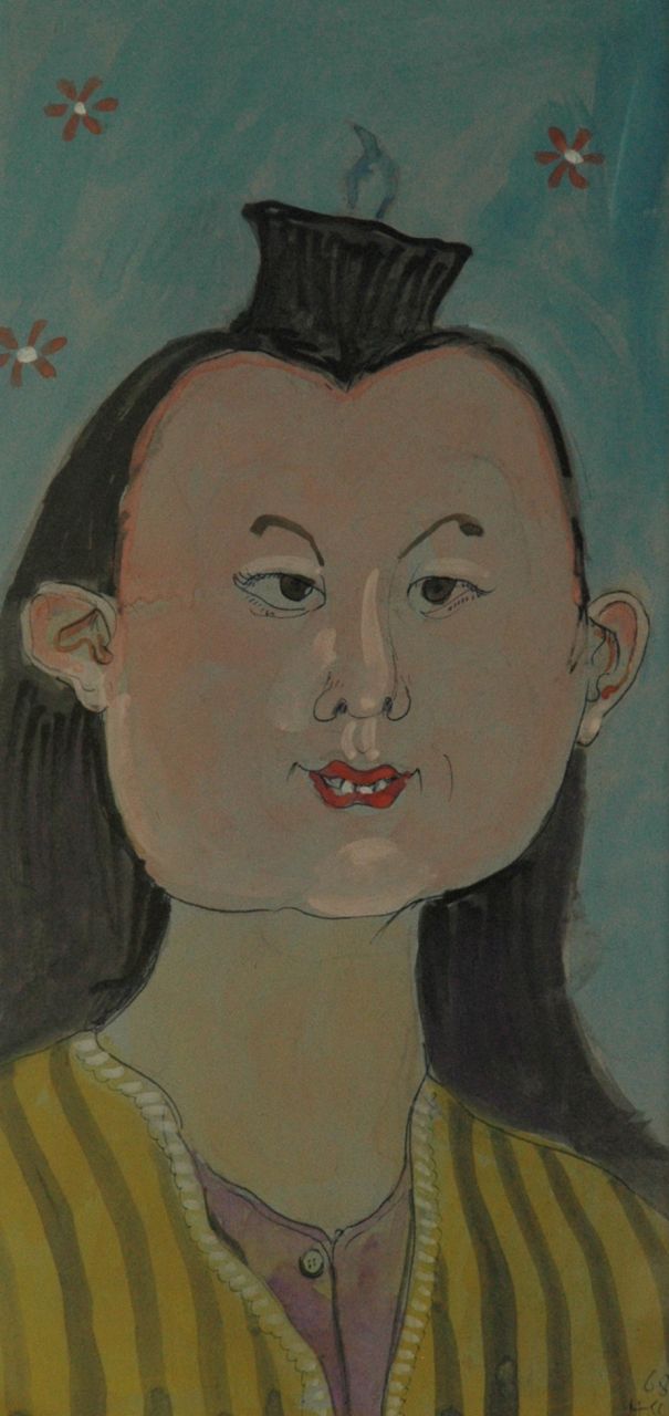 Kamerlingh Onnes H.H.  | 'Harm' Henrick Kamerlingh Onnes, Aziatische dame, pen, inkt, balpen en aquarel op papier 32,4 x 15,7 cm, gesigneerd rechtsonder met monogram en gedateerd '68