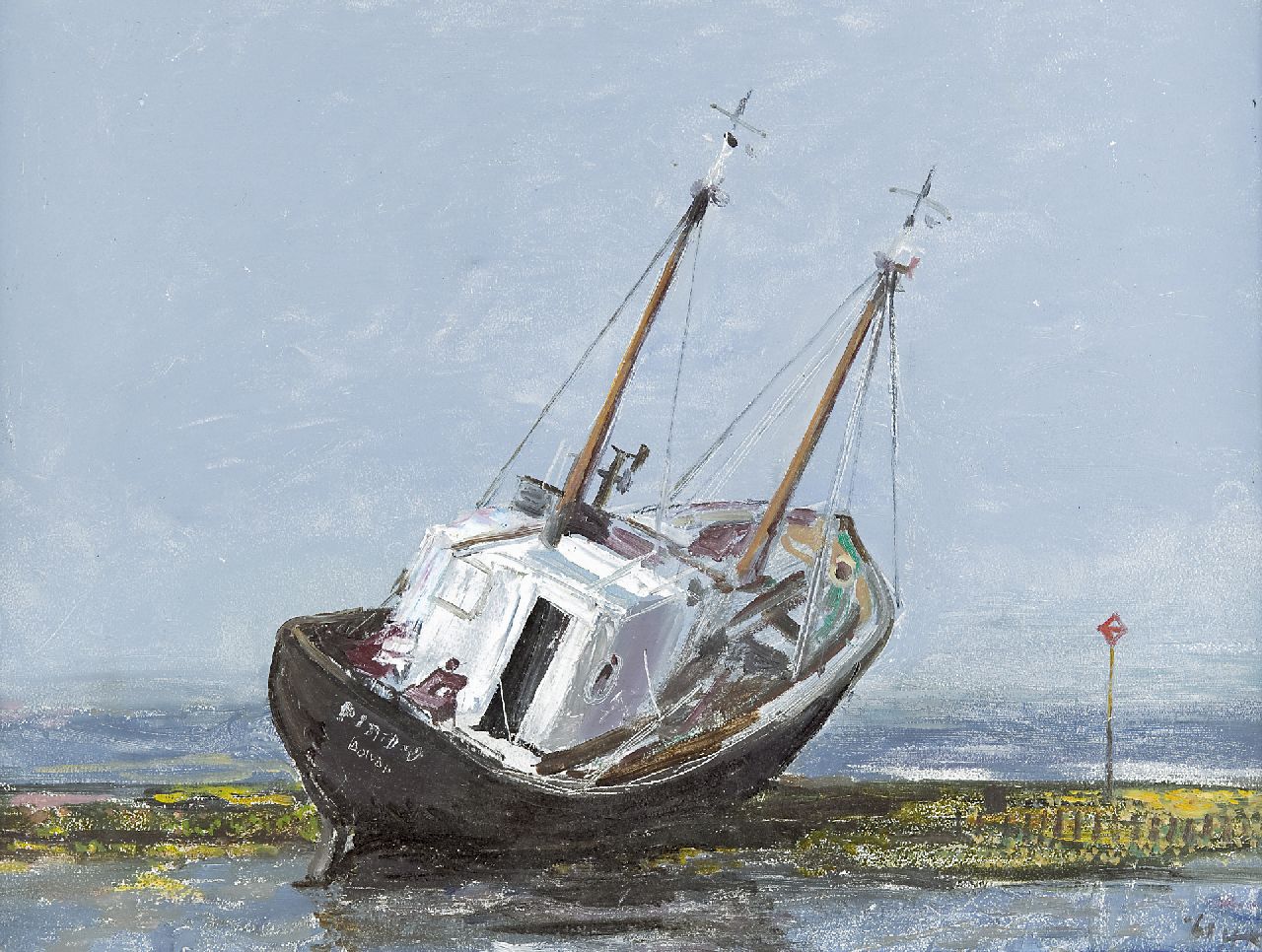 Kamerlingh Onnes H.H.  | 'Harm' Henrick Kamerlingh Onnes, Drooggevallen vissersboot, olieverf op board 30,7 x 40,7 cm, gesigneerd rechtsonder met monogram en gedateerd '61