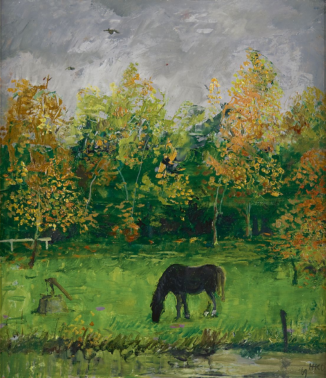 Kamerlingh Onnes H.H.  | 'Harm' Henrick Kamerlingh Onnes, Grazend zwart paard, olieverf op board 36,8 x 32,4 cm, gesigneerd rechtsonder met monogram en gedateerd '69