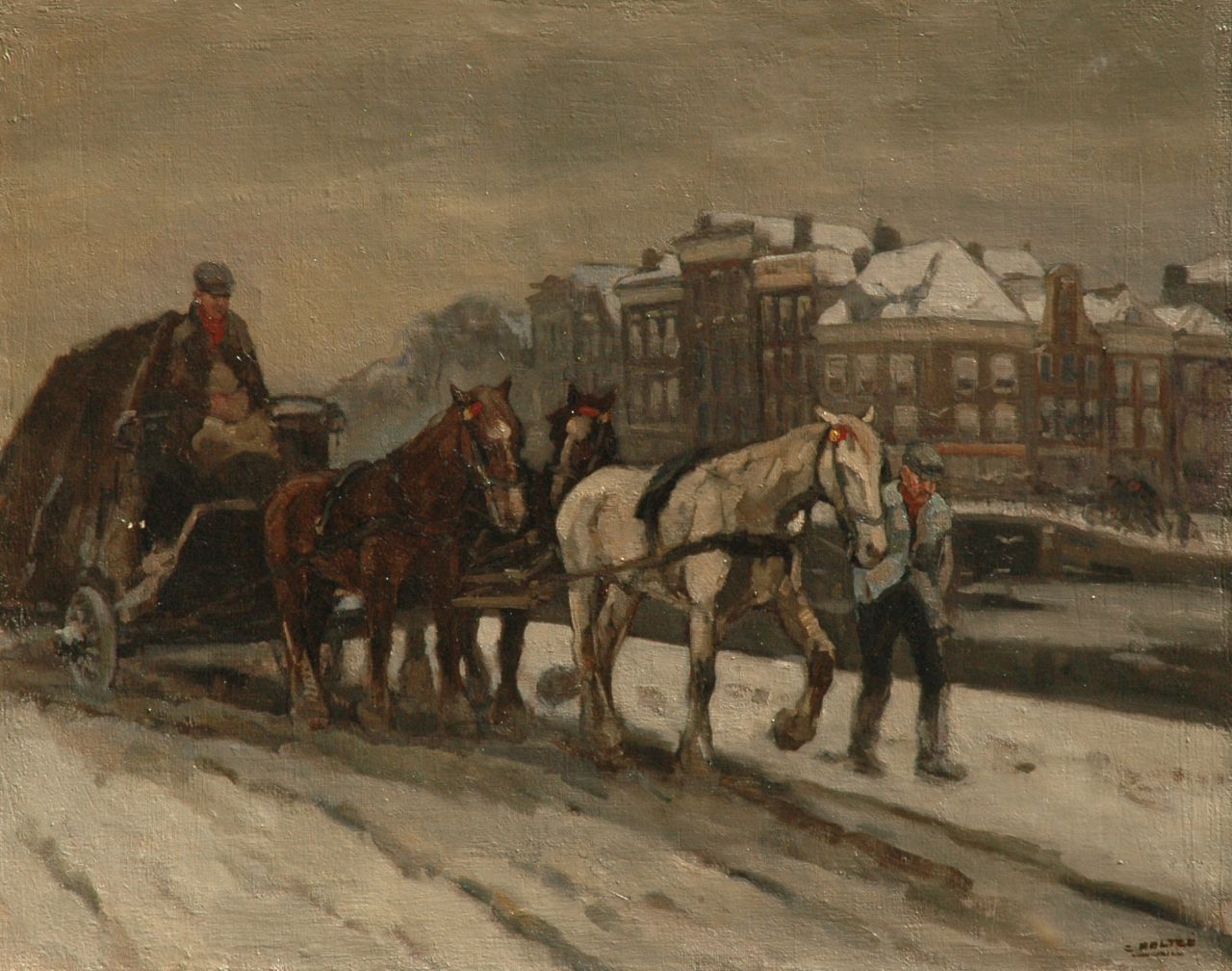 Noltee B.C.  | Bernardus Cornelis 'Cor' Noltee, Sleperswagen in de sneeuw in Amsterdam, olieverf op doek 80,8 x 101,0 cm, gesigneerd rechtsonder
