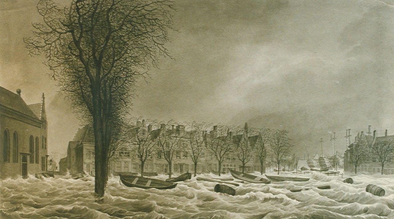 Koekkoek J.H.  | Johannes Hermanus Koekkoek, Gezicht op de Steenen Beer in Vlissingen, tijdens de Zeeuwse overstroming op 14 en 15 januari 1808, pen en gewassen inkt op papier 22,5 x 40,0 cm