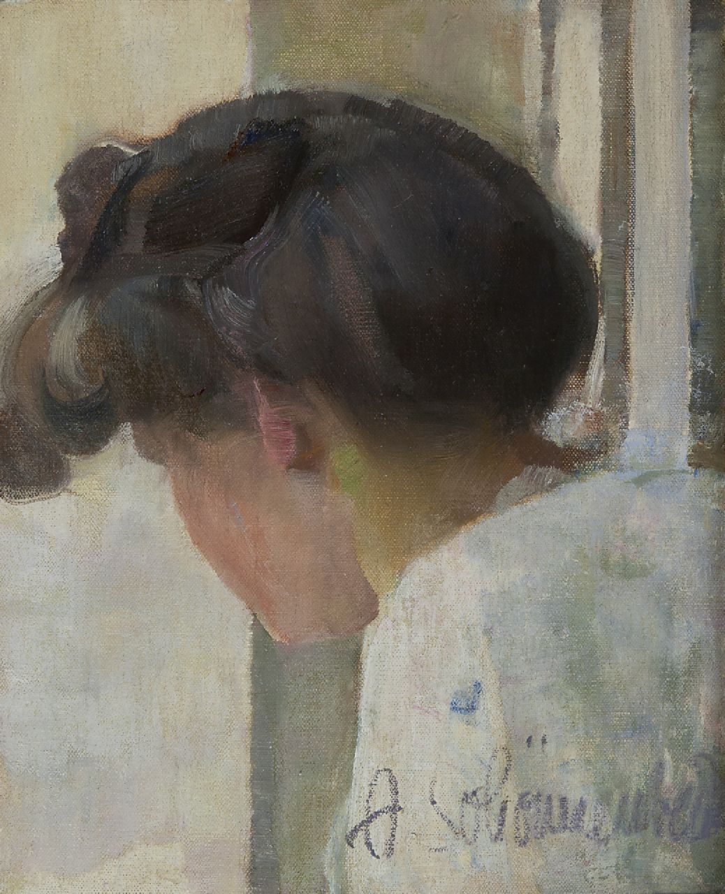 Schönnenbeck C.A.  | Carl 'Adolf' Schönnenbeck | Schilderijen te koop aangeboden | Jonge modieuze vrouw, van opzij gezien, olieverf op doek 36,0 x 29,2 cm, gesigneerd rechtsonder