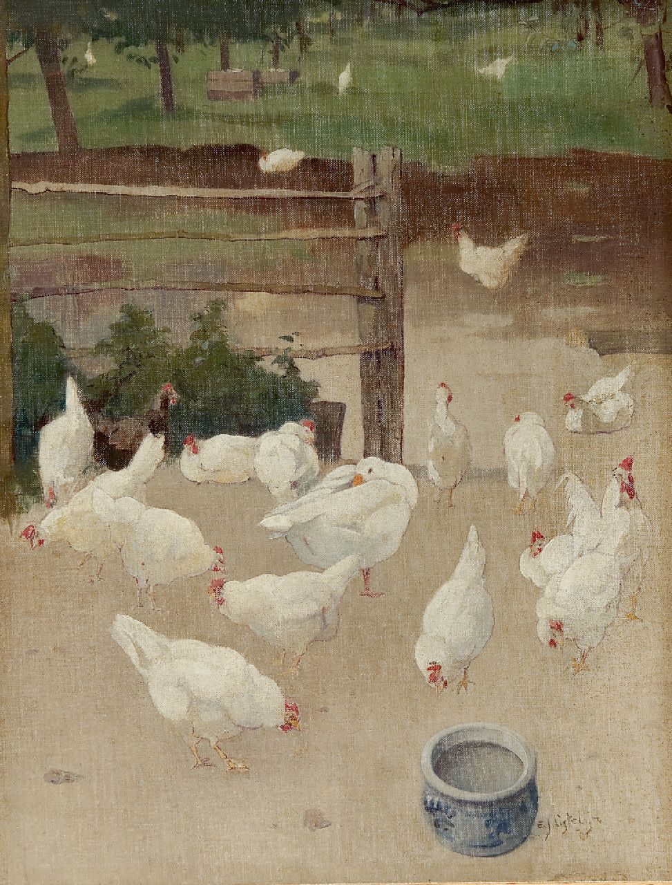 Ligtelijn E.J.  | Evert Jan Ligtelijn, Gans en kippen op het erf, olieverf op doek op paneel 43,6 x 33,5 cm, gesigneerd rechtsonder