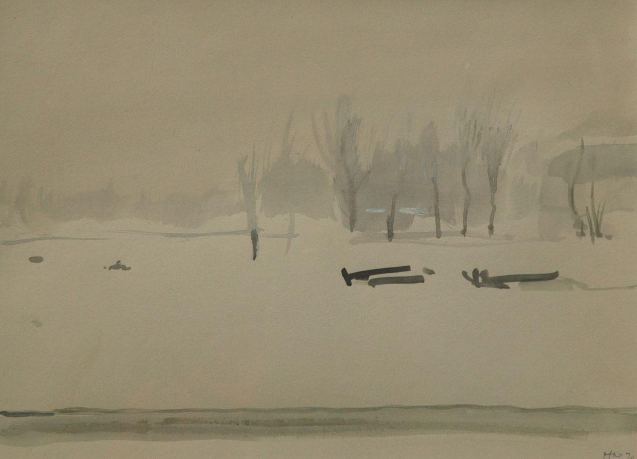Kamerlingh Onnes H.H.  | 'Harm' Henrick Kamerlingh Onnes, Winter in het park, aquarel op papier 22,2 x 29,9 cm, gesigneerd rechtsonder met monogram en gedateerd '70