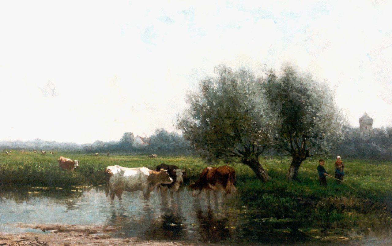 Vrolijk J.M.  | Johannes Martinus 'Jan' Vrolijk, Polderlandschap met koeien en visser aan de waterkant, olieverf op paneel 52,3 x 81,6 cm, gesigneerd linksonder
