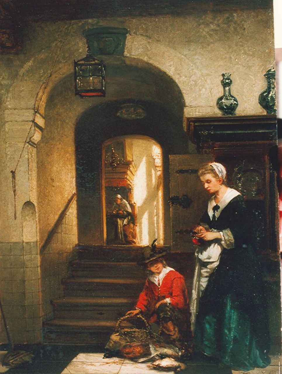 Stroebel J.A.B.  | Johannes Anthonie Balthasar Stroebel, Interieur met verkoper van gevogelte, olieverf op paneel 33,5 x 25,5 cm, gesigneerd rechtsonder
