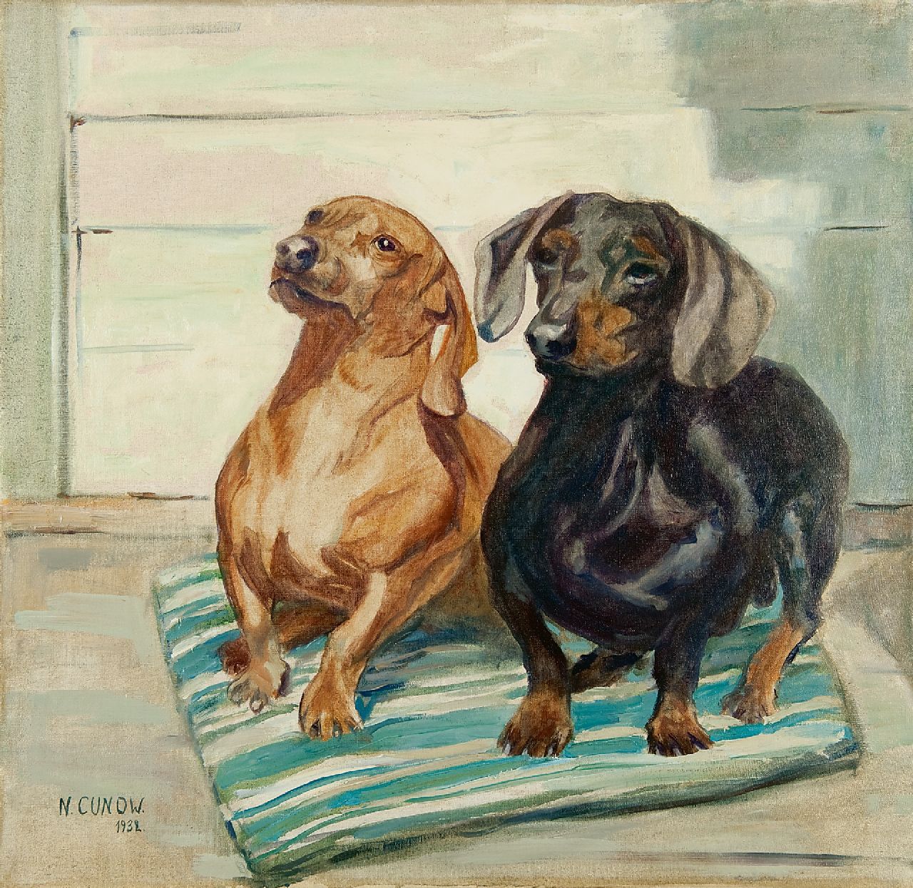 Cunow-Detjen N.  | Nelly Cunow-Detjen | Schilderijen te koop aangeboden | Twee teckels, olieverf op doek 54,0 x 56,5 cm, gesigneerd linksonder en gedateerd 1932