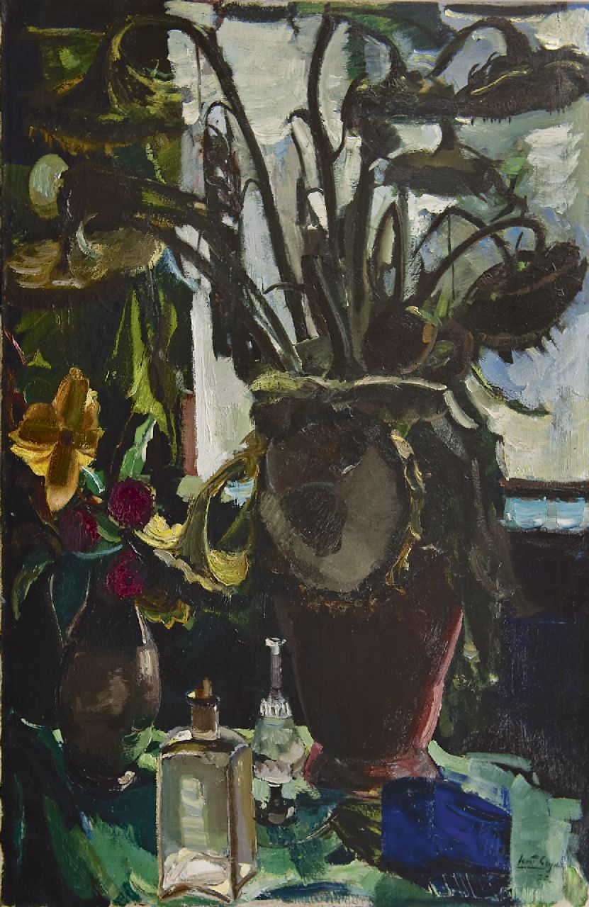 Leyden O.M.E.  | Oskar Moritz 'Ernst' Leyden, Zonnebloemen bij een raam, olieverf op doek 143,9 x 94,9 cm, gesigneerd rechtsonder en gedateerd '22