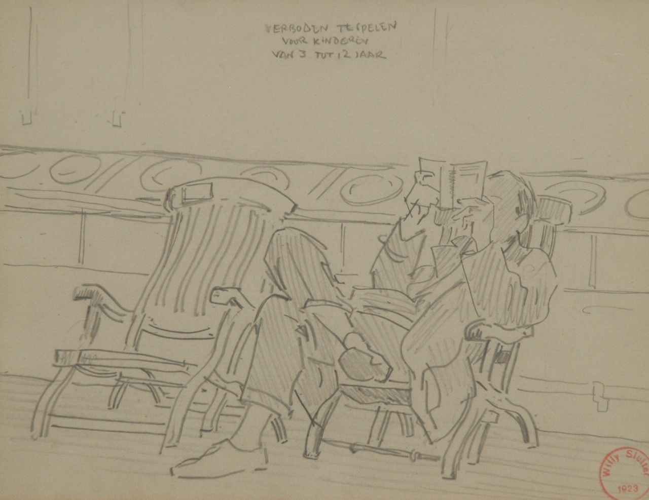 Sluiter J.W.  | Jan Willem 'Willy' Sluiter, Aan dek op weg naar Indië, potlood op papier 17,3 x 21,8 cm, gesigneerd r.o en verso met naamstempel en gedateerd 1923