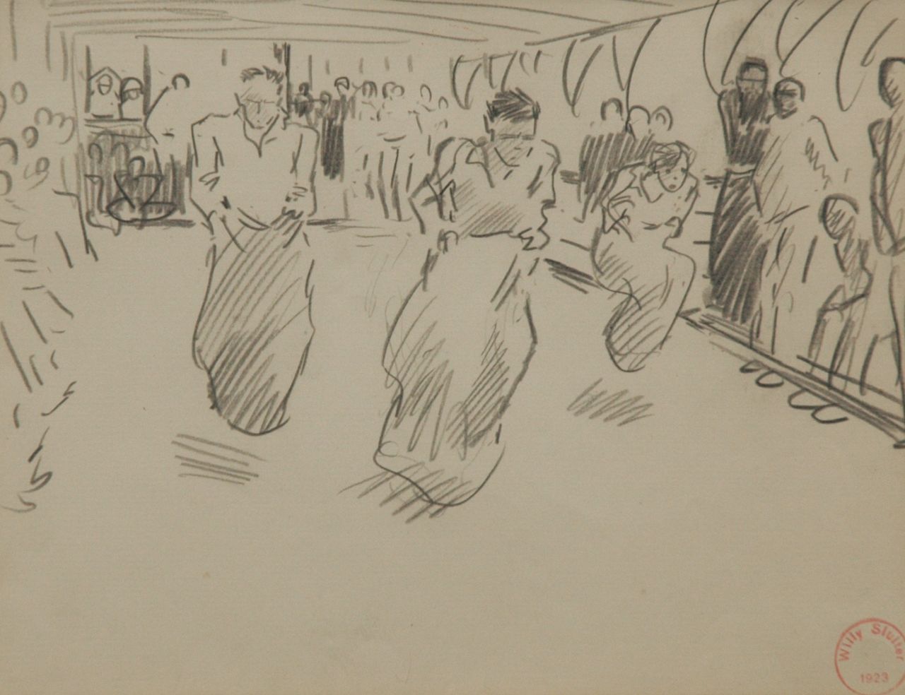 Sluiter J.W.  | Jan Willem 'Willy' Sluiter, Zakloopwedstrijd aan dek, potlood op papier 17,3 x 21,7 cm, gesigneerd rechtsonder en verso met naamstempel en gedateerd 1923