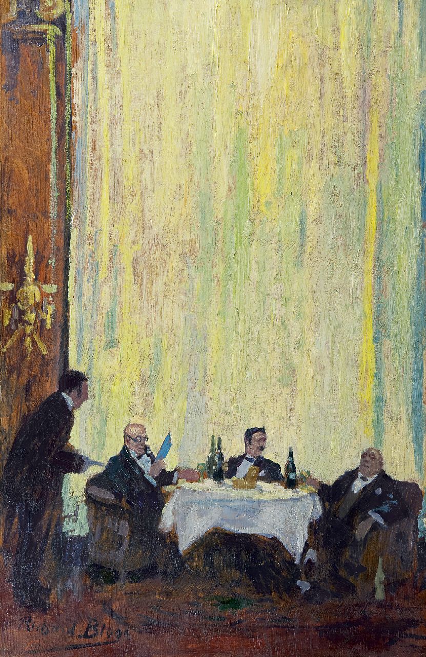 Bloos R.W.  | 'Richard' Willi Bloos, In het restaurant, Parijs, olieverf op paneel 61,9 x 40,3 cm, gesigneerd linksonder