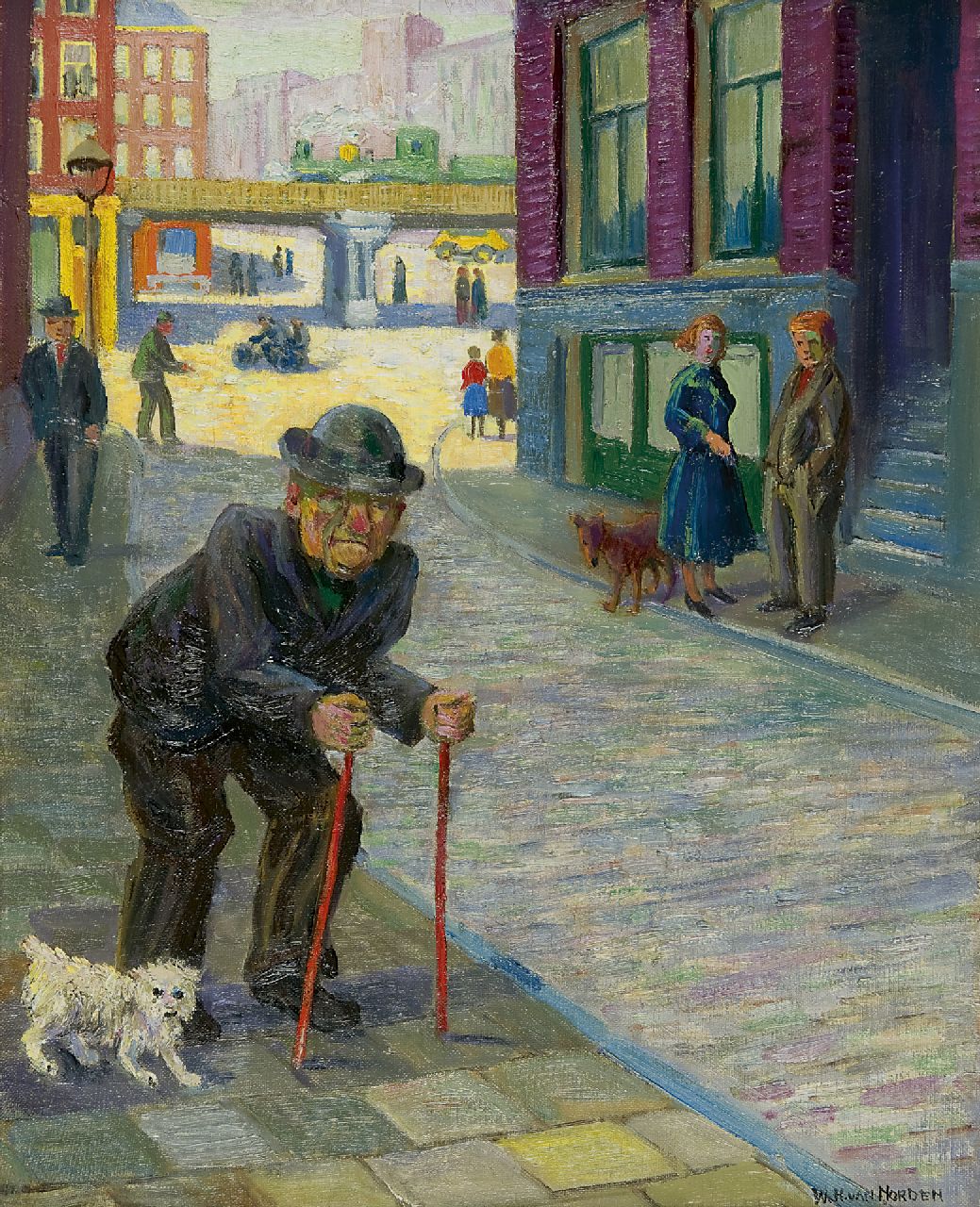 Norden W.H. van | Willem Hendrik van Norden | Schilderijen te koop aangeboden | Mensen op straat, olieverf op doek 50,0 x 39,9 cm, gesigneerd rechtsonder