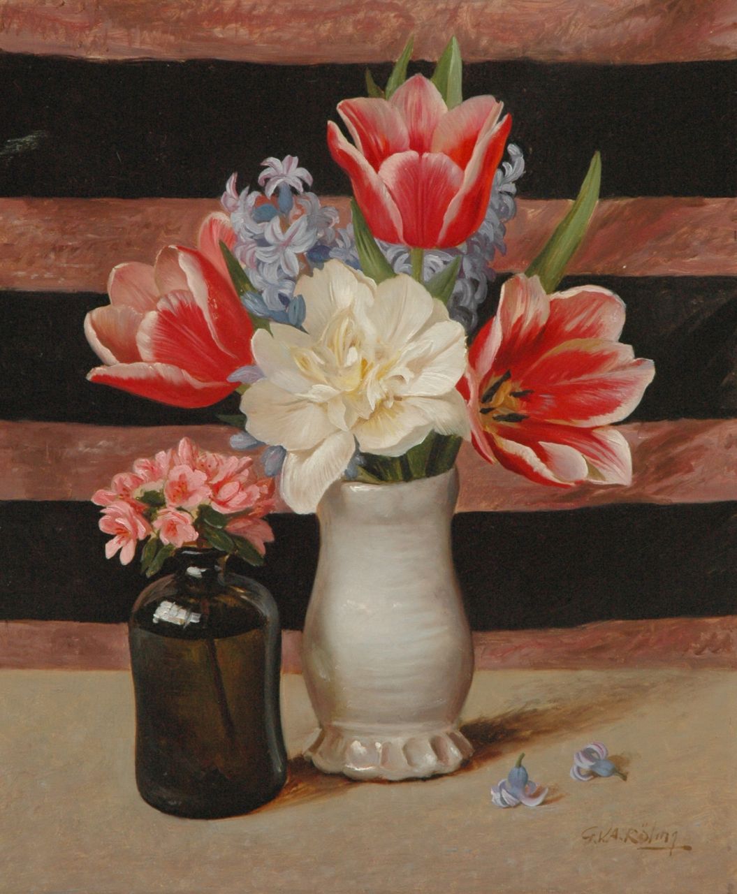 Röling G.V.A.  | Gerard Victor Alphons 'Gé' Röling, Stilleven met tulpen en hyacinten, olieverf op board 45,6 x 37,7 cm, gesigneerd rechtsonder