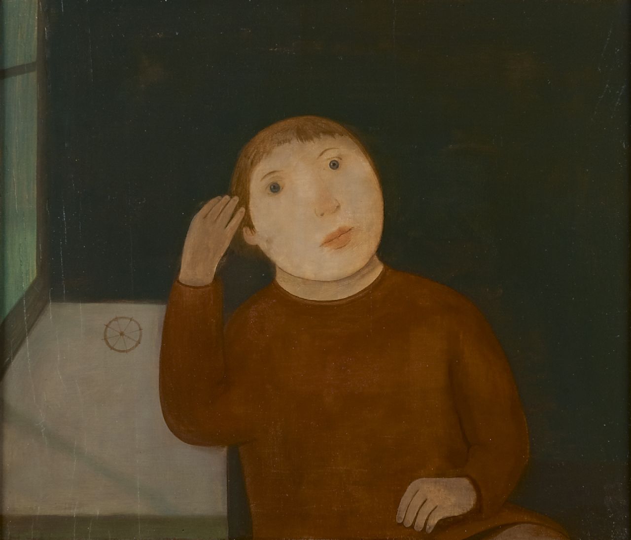 Wiggers K.H.  | 'Karel' Hendrik Wiggers, Jongetje in vensterbank, olieverf op paneel 30,0 x 35,0 cm, gesigneerd verso en te dateren jaren '50