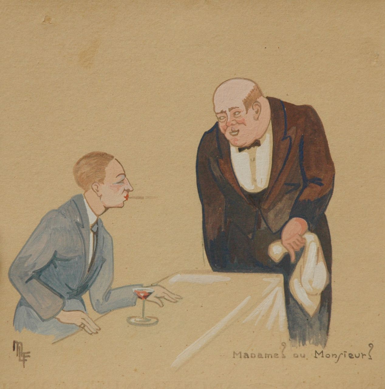 Flize M. la | Maurice la Flize, Madame? ou Monsieur?, aquarel en gouache op karton 22,3 x 22,4 cm, gesigneerd linksonder met monogram