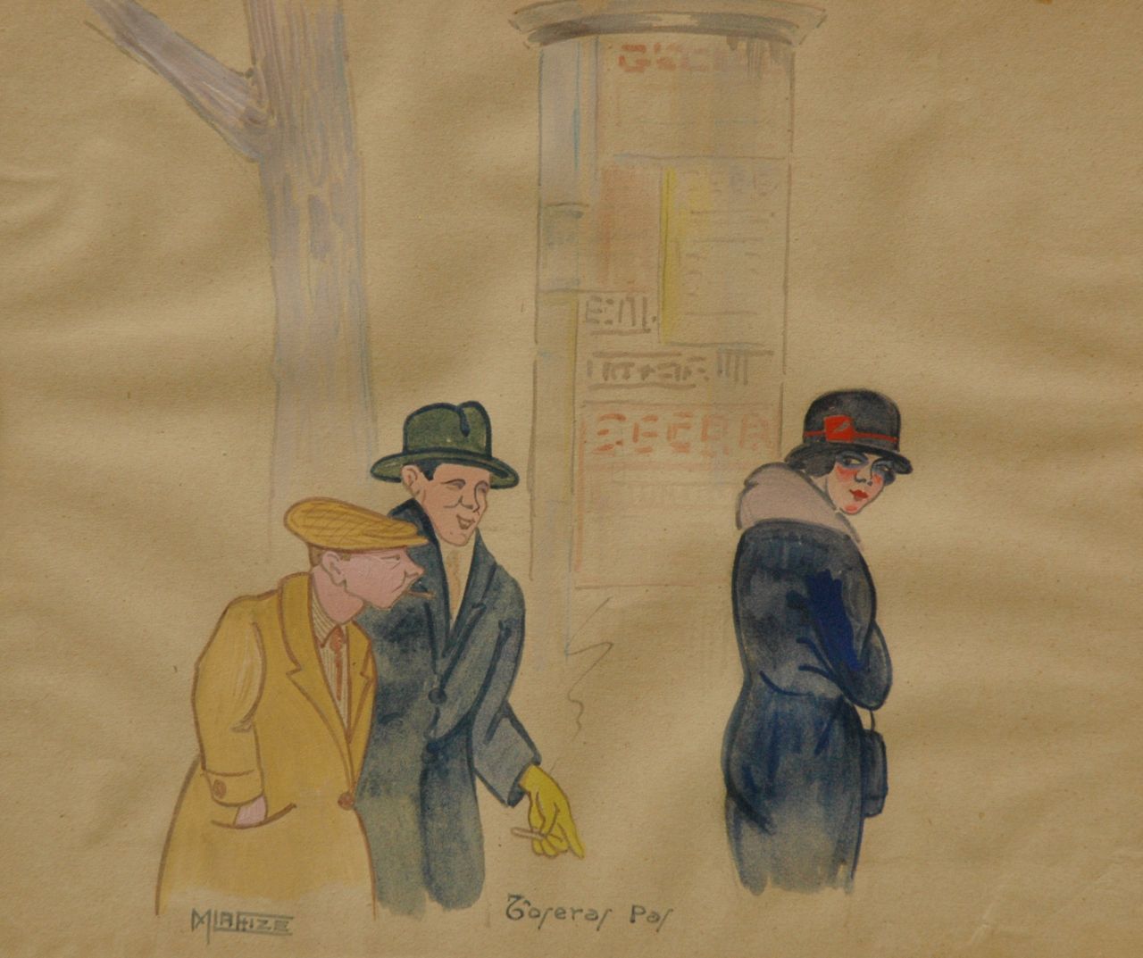 Flize M. la | Maurice la Flize, De flirt, aquarel op papier op karton 23,4 x 28,2 cm, gesigneerd linksonder