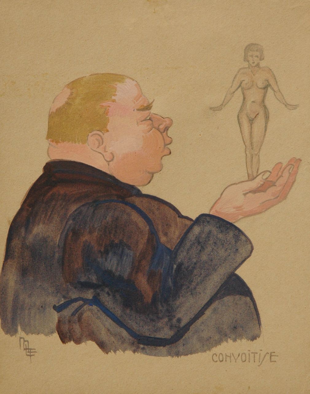 Flize M. la | Maurice la Flize, De lust, aquarel en gouache op karton 24,6 x 19,6 cm, gesigneerd linksonder met monogram