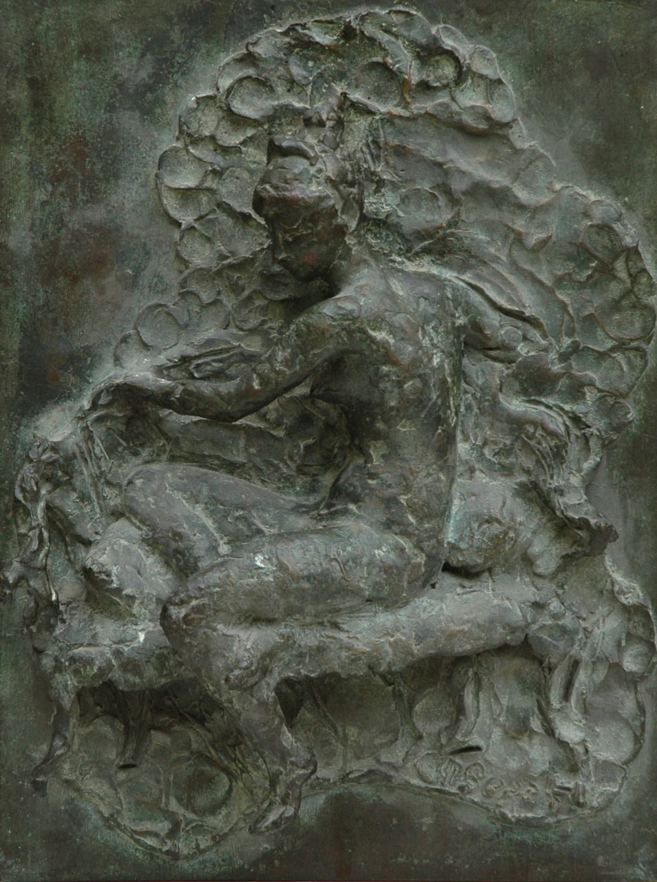 Starreveld P.  | Pieter Starreveld, Ingrid op een bankje, brons 43,5 x 33,6 cm, gedateerd 4 sept. ['51?]