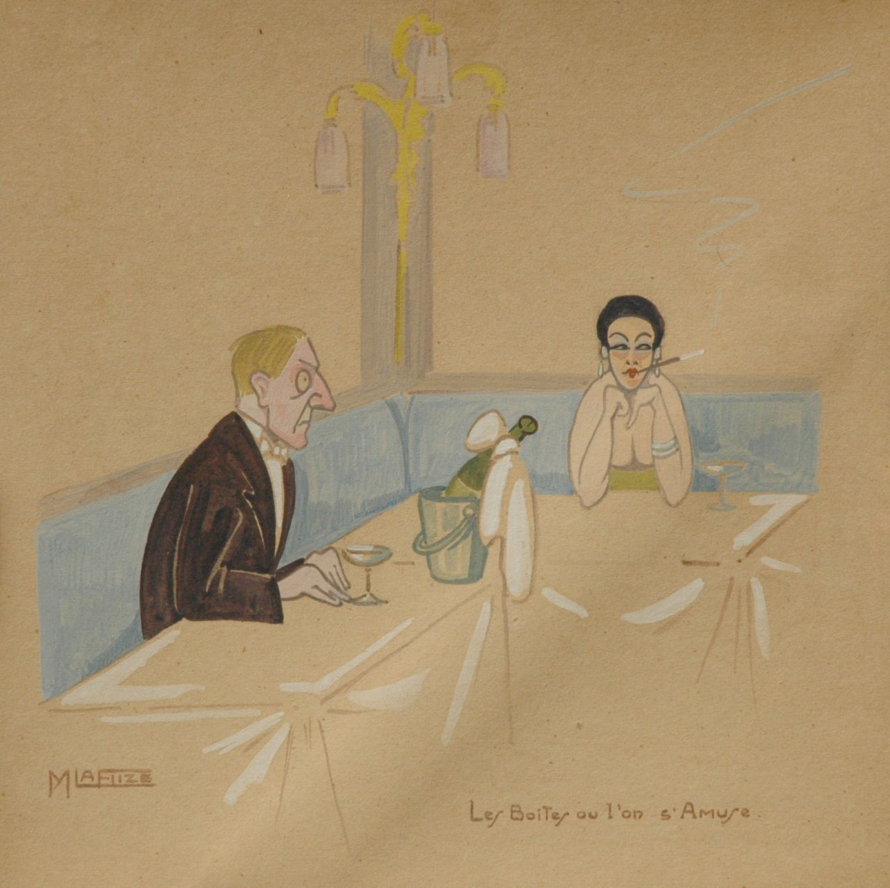 Flize M. la | Maurice la Flize, De swingende nachtclub, aquarel op papier op karton 23,2 x 23,4 cm, gesigneerd linksonder