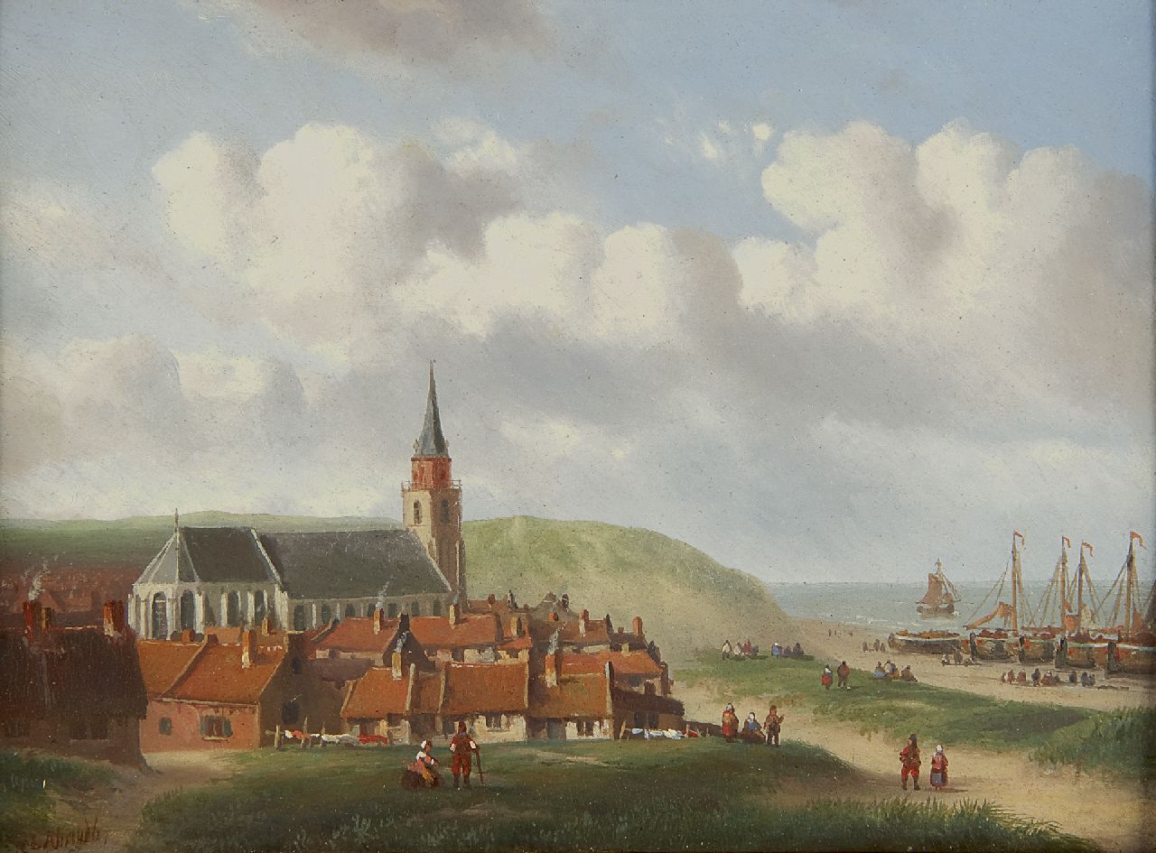 Ahrendts C.E.  | Carl Eduard Ahrendts, Gezicht op het dorpje Scheveningen, met bomschuiten op het strand, olieverf op paneel 16,4 x 22,0 cm, gesigneerd linksonder