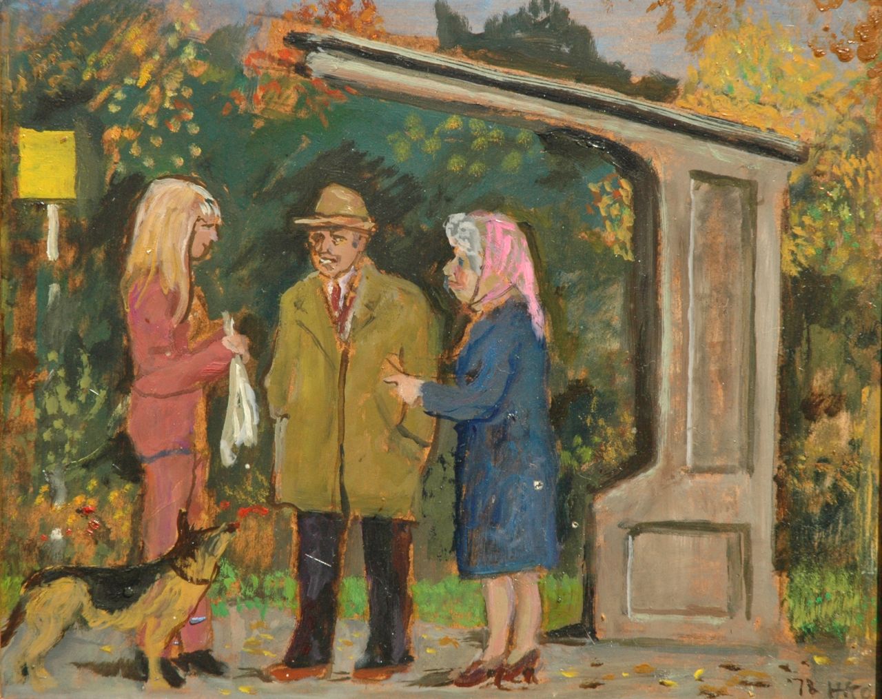 Kamerlingh Onnes H.H.  | 'Harm' Henrick Kamerlingh Onnes, Een praatje bij de bushalte, olieverf op board 27,2 x 33,5 cm, gesigneerd rechtsonder met monogram en gedateerd '78