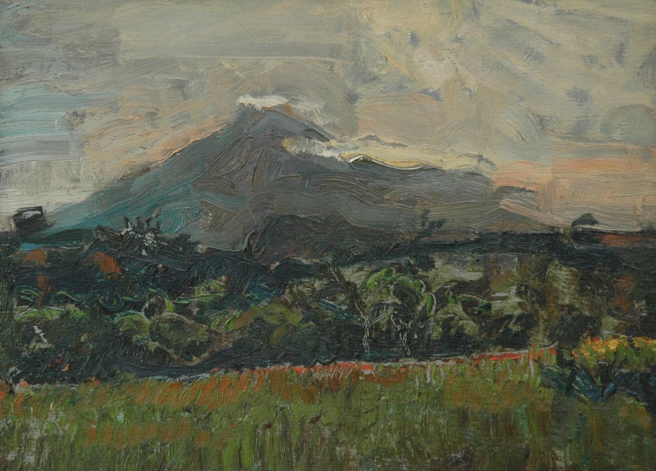 Kamerlingh Onnes H.H.  | 'Harm' Henrick Kamerlingh Onnes, Landschap met de Piso Piso op Sumatra, olieverf op paneel 27,6 x 35,0 cm