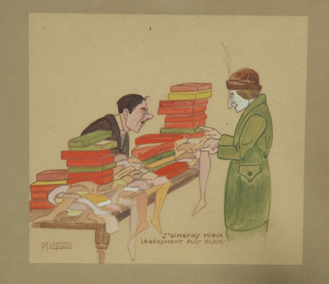 Flize M. la | Maurice la Flize, De lastige klant: 'Ik wil ze nog iets lichter', aquarel en gouache op papier op karton 19,8 x 21,8 cm, gesigneerd linksonder
