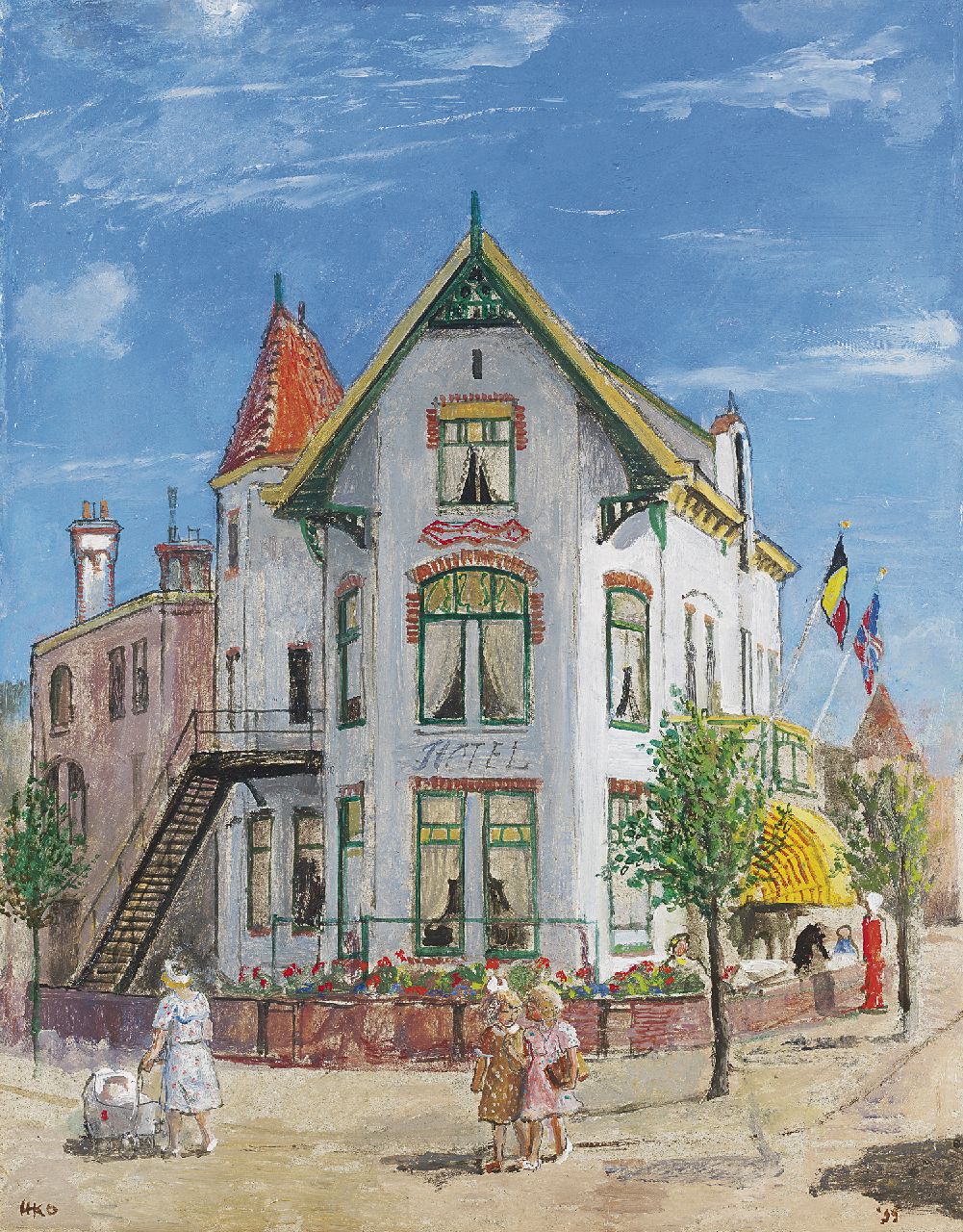 Kamerlingh Onnes H.H.  | 'Harm' Henrick Kamerlingh Onnes, Hotel Leeuwendaal, Rijswijk, olieverf op eterniet 44,8 x 35,3 cm, gesigneerd linksonder met monogram en gedateerd '55