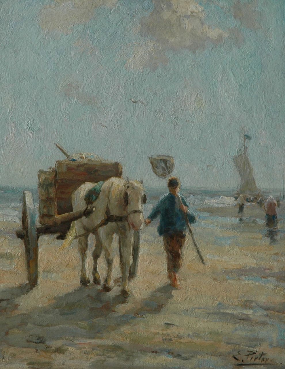 Pieters E.  | Evert Pieters, Schelpenvisser op het strand van Katwijk, olieverf op paneel 40,0 x 31,2 cm, gesigneerd rechtsonder