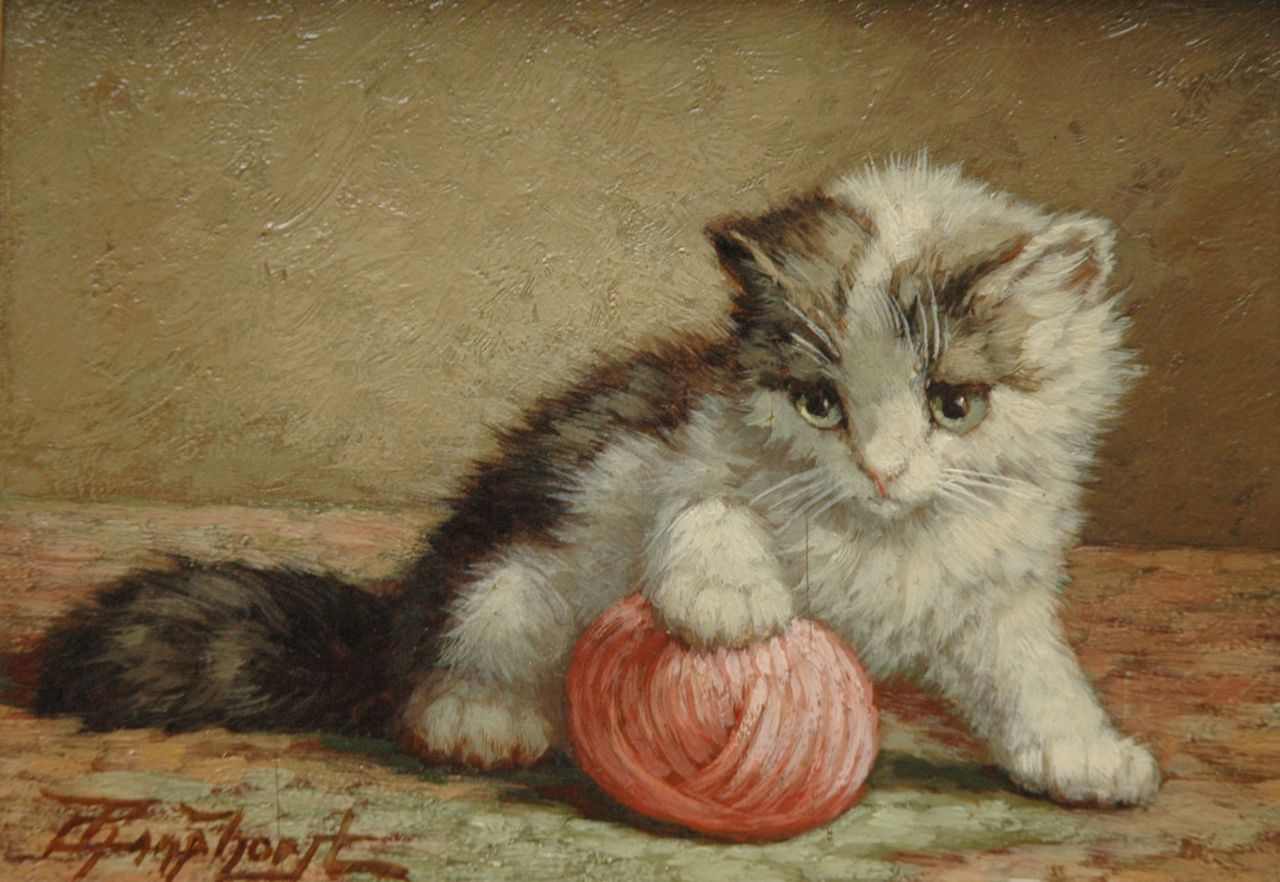 Raaphorst C.  | Cornelis Raaphorst, Kitten met knot wol, olieverf op paneel 13,5 x 18,4 cm, gesigneerd linksonder