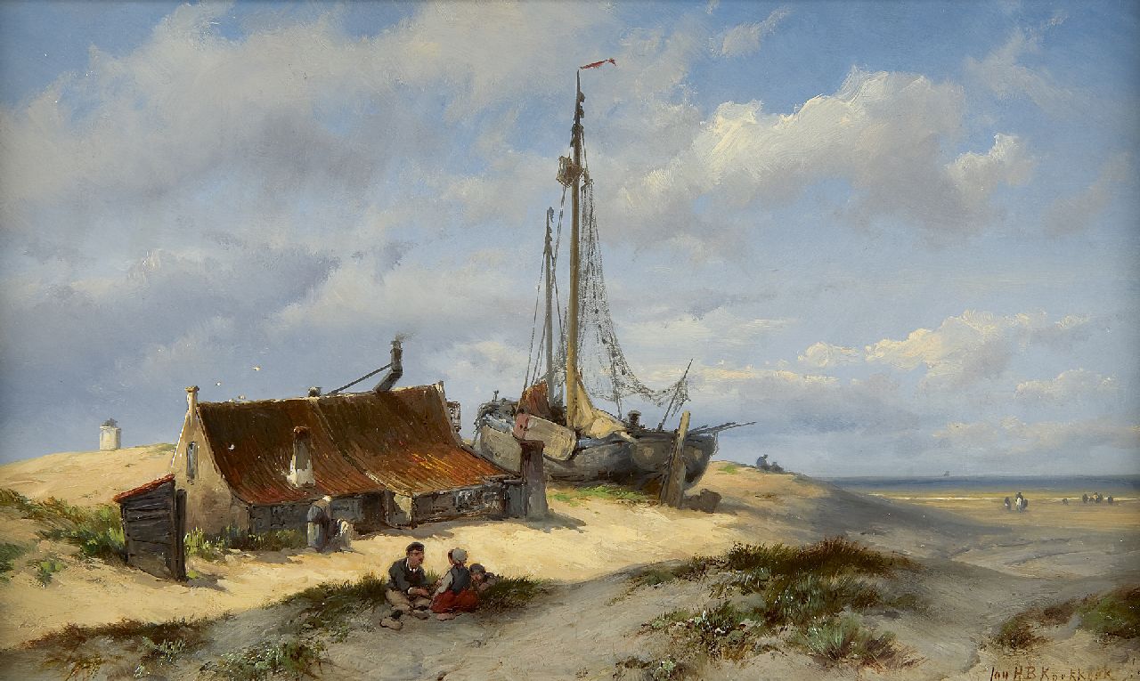 Koekkoek J.H.B.  | Johannes Hermanus Barend 'Jan H.B.' Koekkoek, Kinderen bij vissershut in de duinen, olieverf op paneel 24,2 x 41,0 cm, gesigneerd rechtsonder