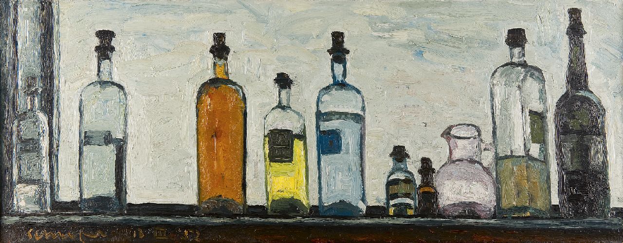 Schrofer W.  | Wilhelmus 'Willem' Schrofer, Stilleven van flessen, olieverf op doek 36,8 x 95,1 cm, gesigneerd linksonder en gedateerd 13-III-'52