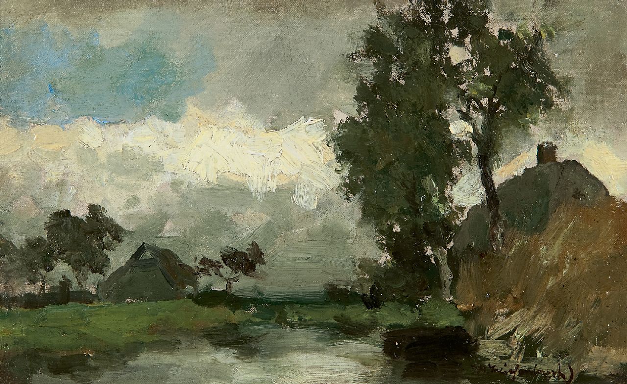 Weissenbruch H.J.  | Hendrik Johannes 'J.H.' Weissenbruch, Polderlandschap bij buiig weer, olieverf op doek op paneel 15,8 x 25,2 cm, gesigneerd rechtsonder