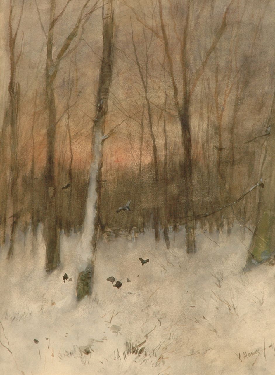 Mauve A.  | Anthonij 'Anton' Mauve, Besneeuwd boslandschap bij ondergaande zon, aquarel op papier 48,0 x 35,0 cm, gesigneerd rechtsonder