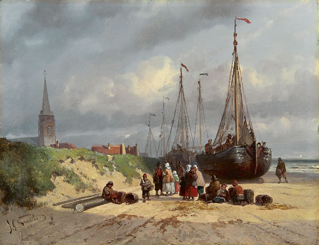 Smits J.G.  | Jan Gerard Smits, Bomschuiten en vissers op het strand van Scheveningen, olieverf op paneel 22,4 x 29,4 cm, gesigneerd linksonder en gedateerd '55