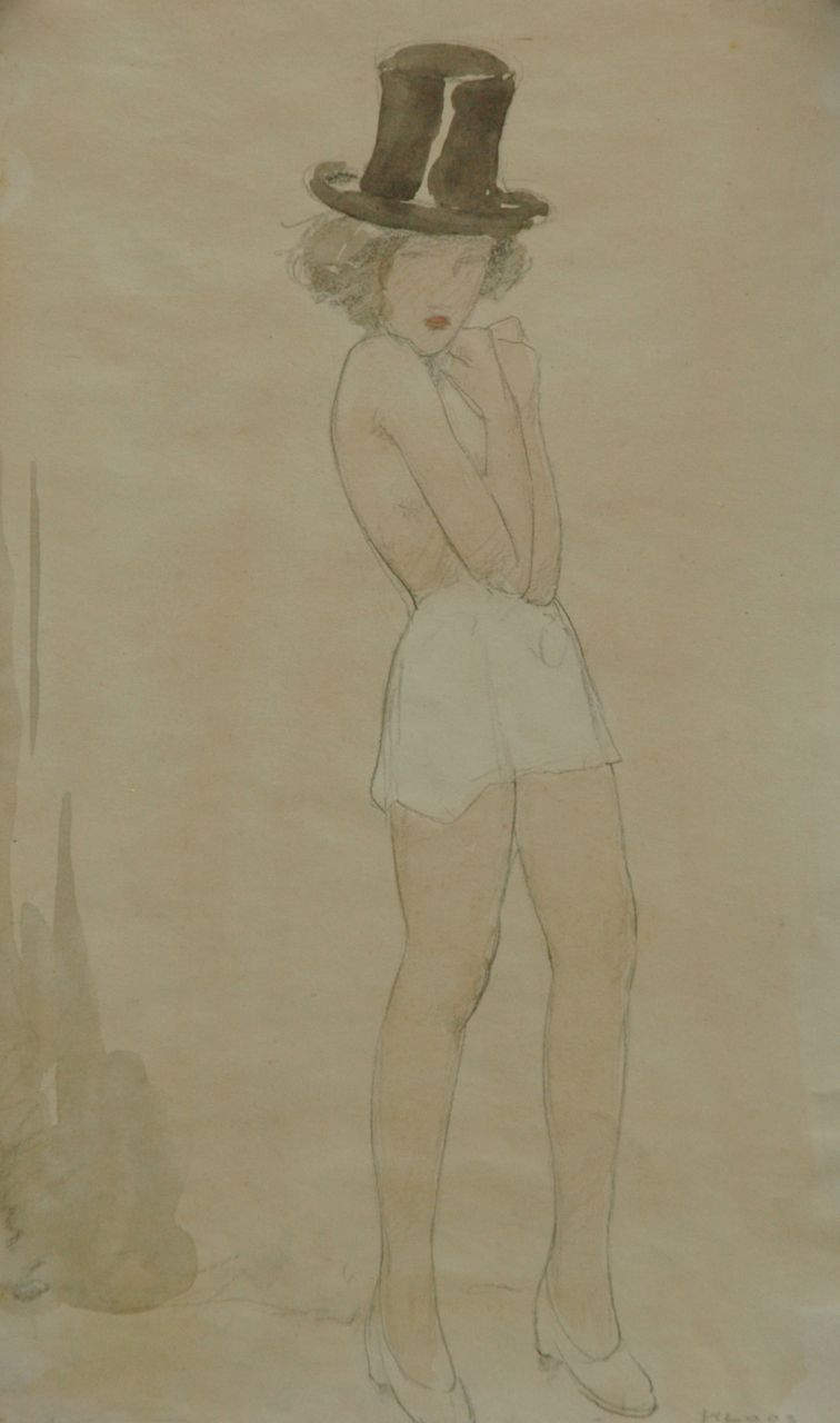 Kloos C.  | Cornelis Kloos, Meisje met hoge hoed en wit rokje, potlood en aquarel op papier 30,7 x 17,9 cm, gesigneerd rechtsonder en te dateren 15-10-1941