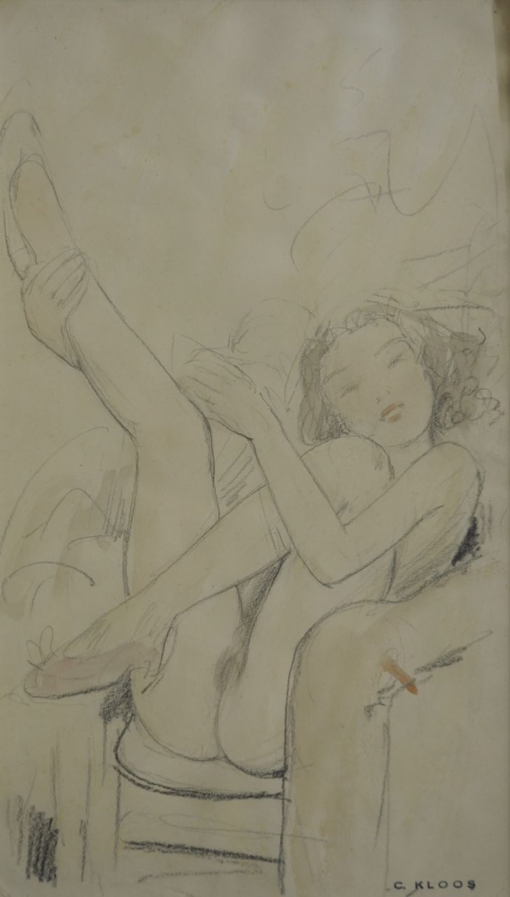 Kloos C.  | Cornelis Kloos, Zittend meisje met omhoog geheven benen, potlood en aquarel op papier 30,8 x 17,8 cm, gesigneerd rechtsonder met stempel en te dateren 4-2-41