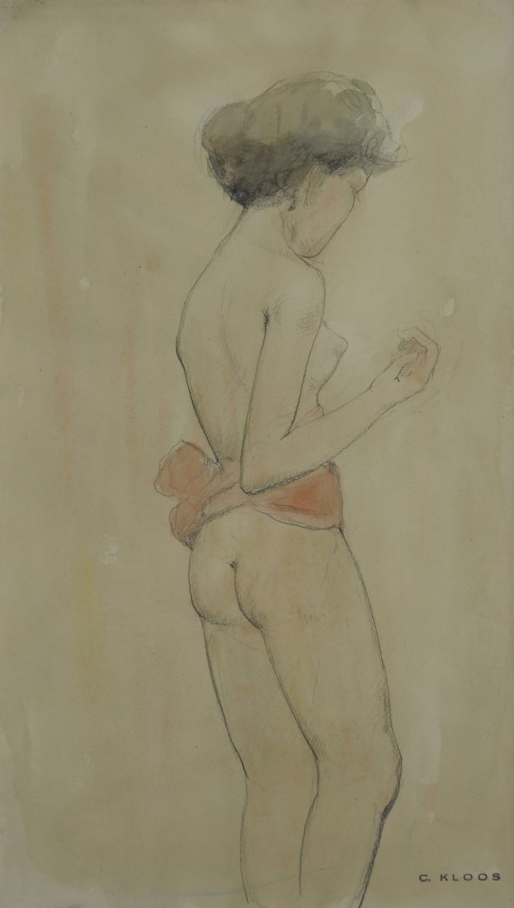 Kloos C.  | Cornelis Kloos, Meisje met rode doek om middel, potlood en aquarel op papier 30,7 x 17,9 cm, gesigneerd rechtsonder met stempel en te dateren 16-2-1942