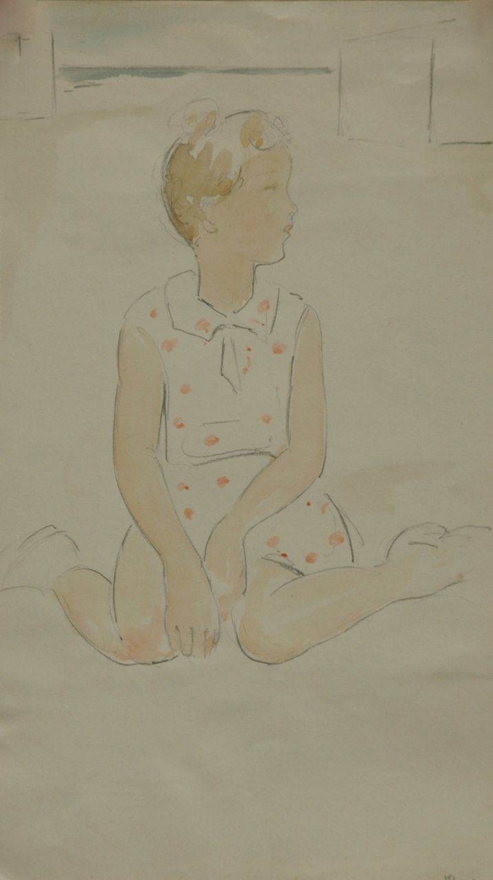 Kloos C.  | Cornelis Kloos | Aquarellen en tekeningen te koop aangeboden | Meisje in noppenjurk, potlood en aquarel op papier 30,8 x 17,9 cm, gesigneerd rechtsonder
