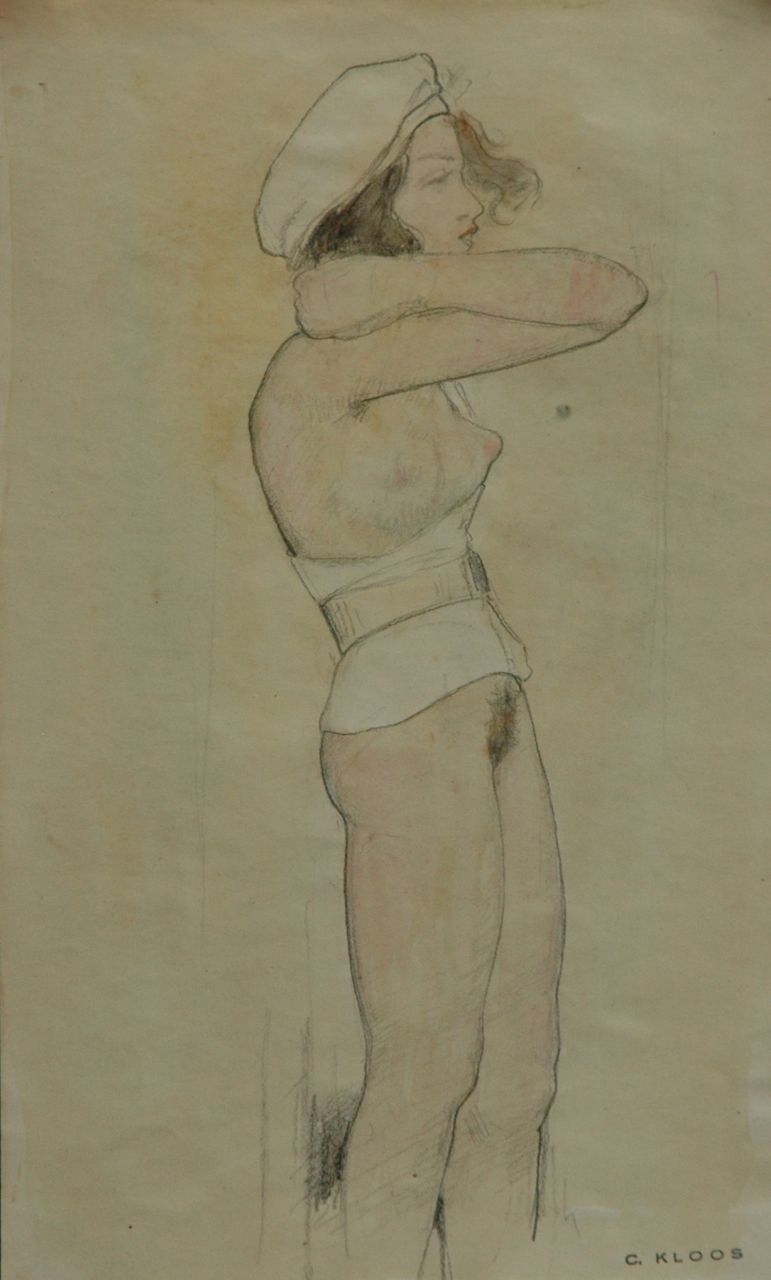 Kloos C.  | Cornelis Kloos, Meisje met wit lijfje en witte baret, potlood en aquarel op papier 30,3 x 18,0 cm, gesigneerd rechtsonder met stempel en te dateren 12-2-1942