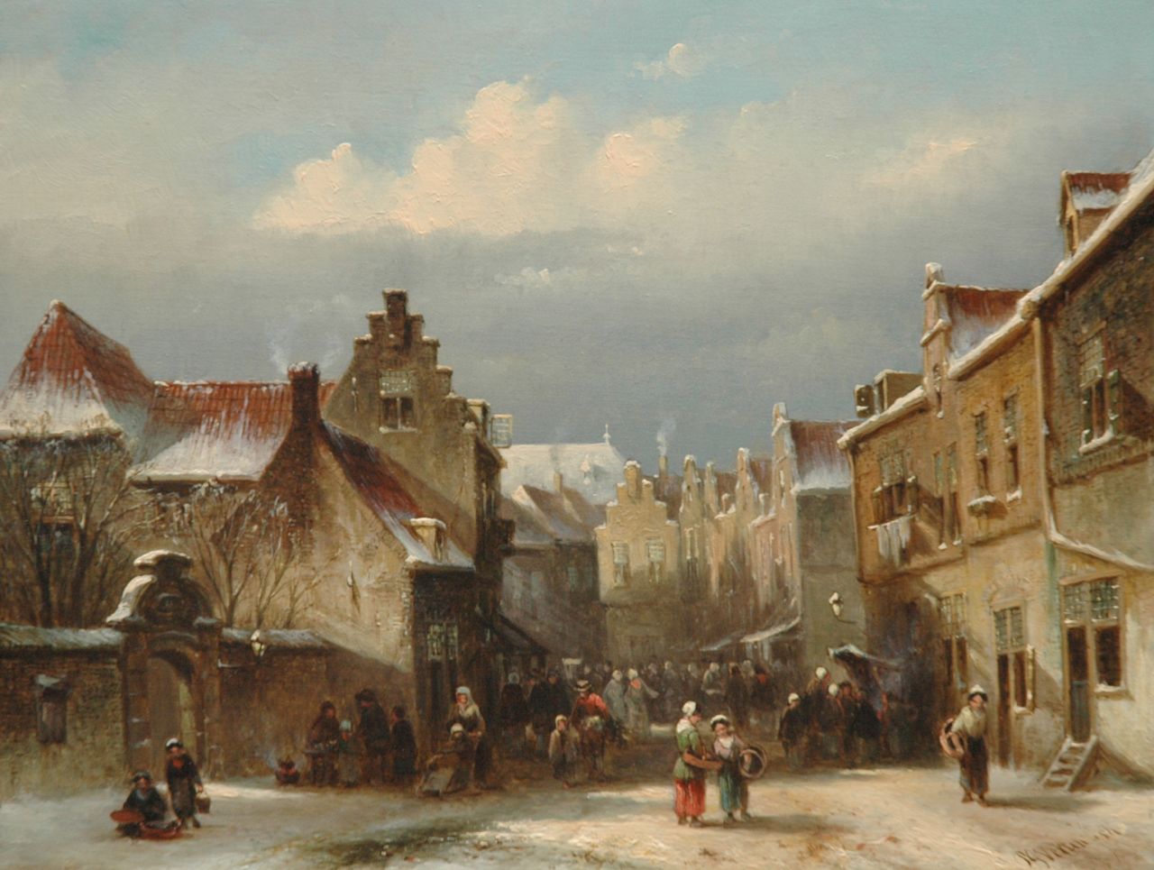 Vertin P.G.  | Petrus Gerardus Vertin, Stadsmarkt in de winter, olieverf op paneel 23,1 x 30,2 cm, gesigneerd rechtsonder en gedateerd '54