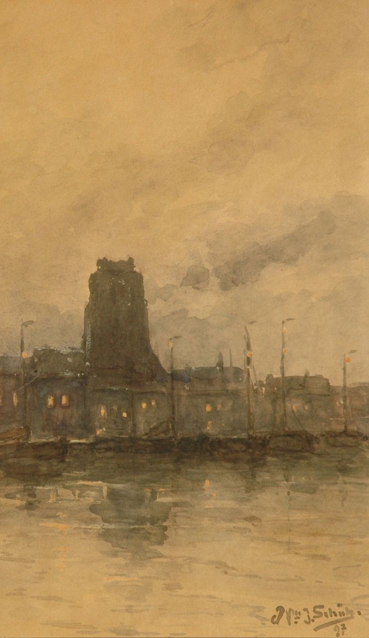 Schütz W.J.  | Willem Johannes Schütz, Gezicht op Dordrecht, aquarel op papier 29,4 x 17,5 cm, gesigneerd rechtsonder en gedateerd '97