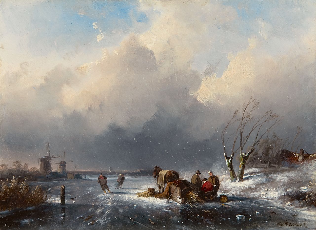 Leickert C.H.J.  | 'Charles' Henri Joseph Leickert, Landvolk bij een trekslede op het ijs, olieverf op paneel 15,2 x 20,7 cm, gesigneerd rechtsonder