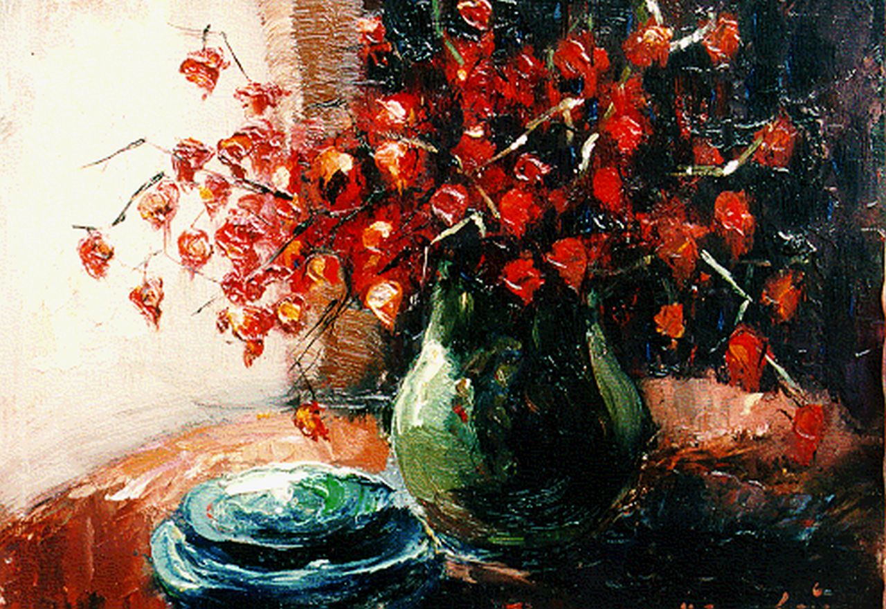 Cauchois E.H.  | Eugène-Henri Cauchois, Stilleven met droogbloemen, olieverf op paneel 18,8 x 24,4 cm, gesigneerd rechtsonder