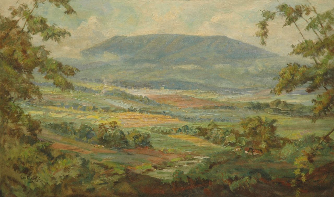 Dezentjé E.  | Ernest Dezentjé, Landschap op Java, olieverf op doek op paneel 61,3 x 102,0 cm, gesigneerd linksonder