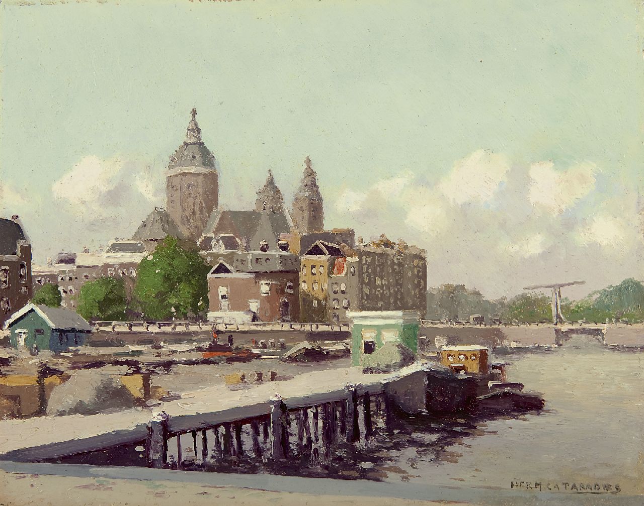 Paradies H.C.A.  | Herman Cornelis Adolf Paradies, Het Oosterdok in Amsterdam met de Schreierstoren en St. Nicolaaskerk, olieverf op schildersboard 23,6 x 29,7 cm, gesigneerd rechtsonder