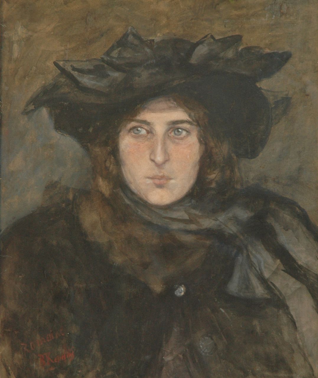 Repelius J.E.  | Johanna Elisabeth 'Betsy' Repelius, Vrouw met hoed, krijt en aquarel op papier 57,4 x 47,5 cm, gesigneerd linksonder