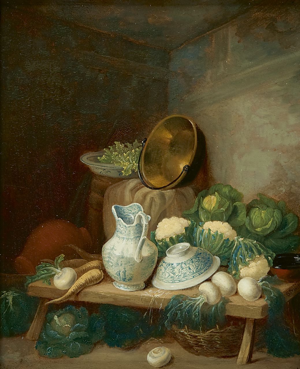Samuel Smith | Keukenstilleven, olieverf op schildersboard, 21,7 x 17,9 cm, gesigneerd r.o. op rand van tafel
