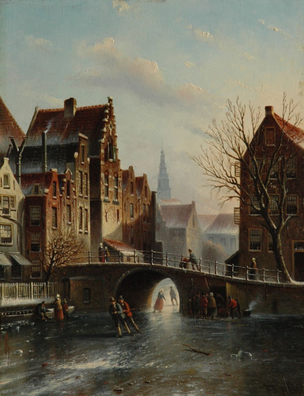 Spohler J.F.  | Johannes Franciscus Spohler, Stadsgezicht in de winter met de Amsterdamse Zuiderkerkstoren, olieverf op paneel 39,1 x 30,3 cm, gesigneerd rechtsonder